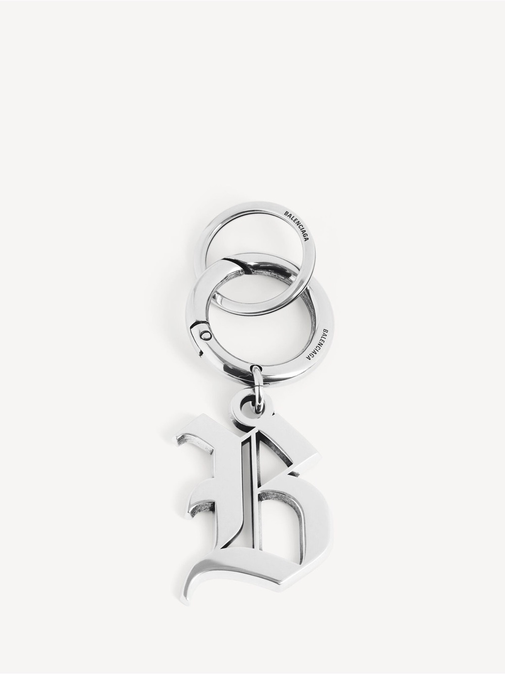 BALENCIAGA MELROSE B LOGO KEYCHAIN KEY RING FOB IN ANTIQUE SILVER